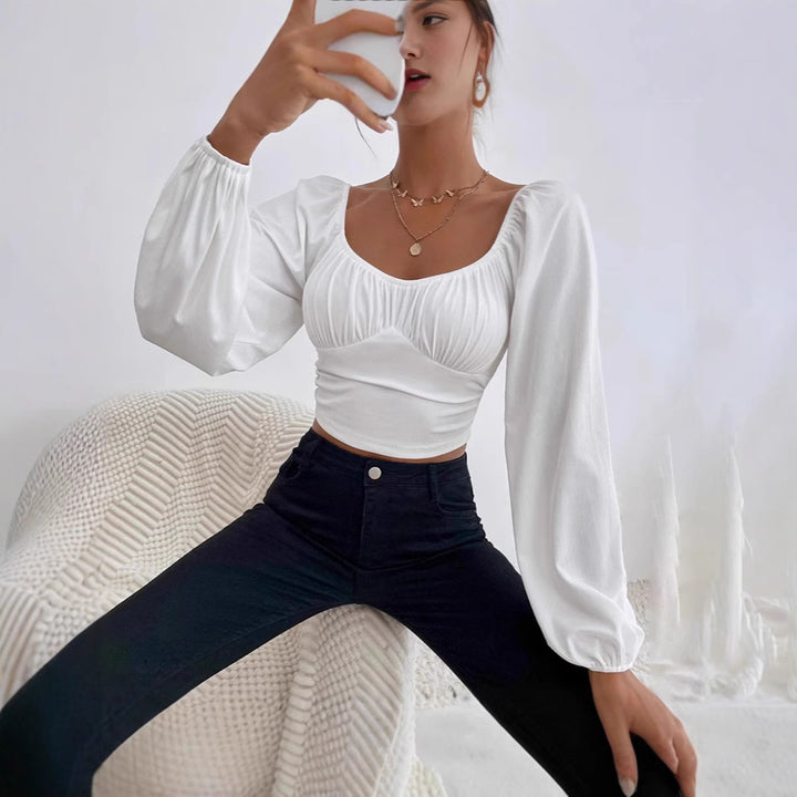 Dame Vedligeholdelsesvenlig Crop-Top med Puffærmer og dekorativ Rynkning Stilla