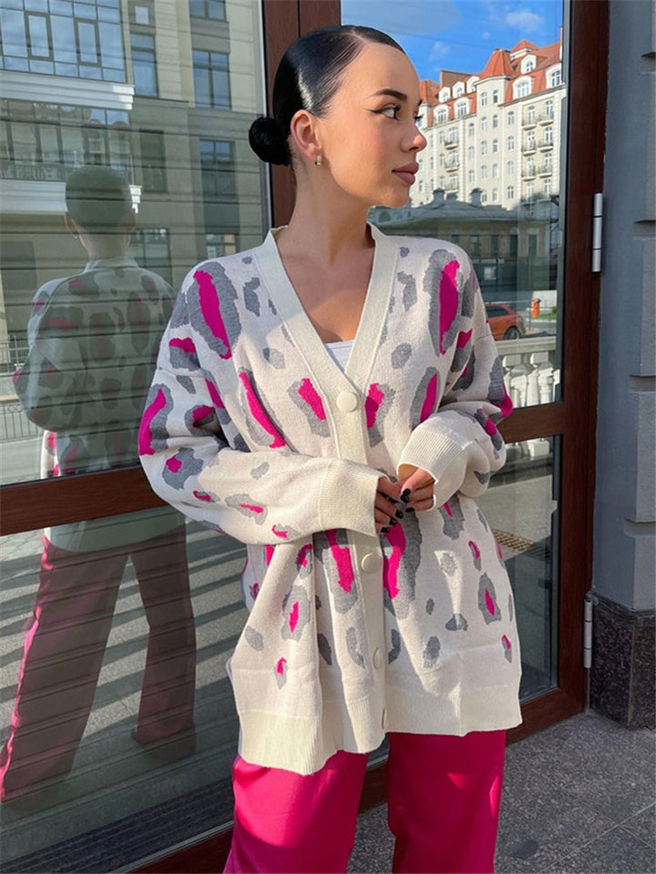 Dame hyggelig Cardigan med farverig Leopardprint Stilla