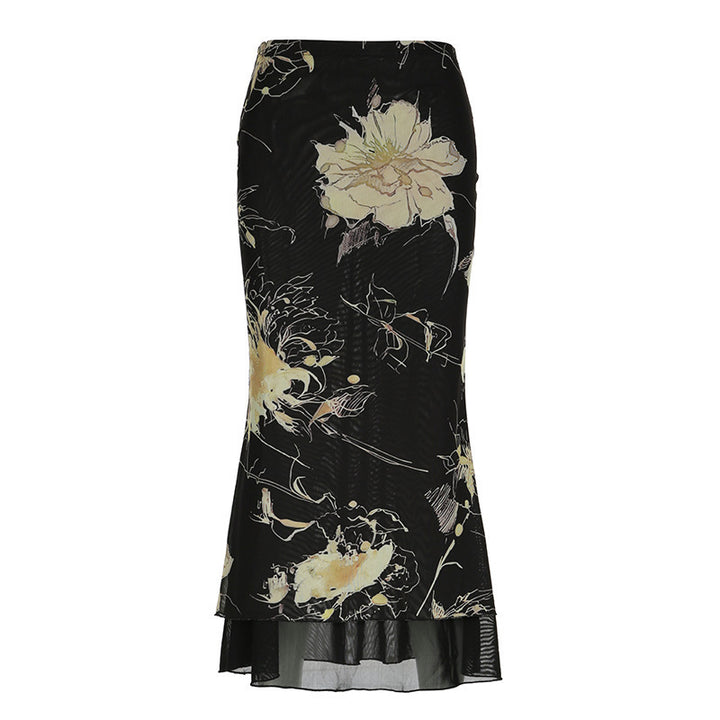 Dame Elegant Maxiskørt med blomsterprint og transparent baggrund Skovae