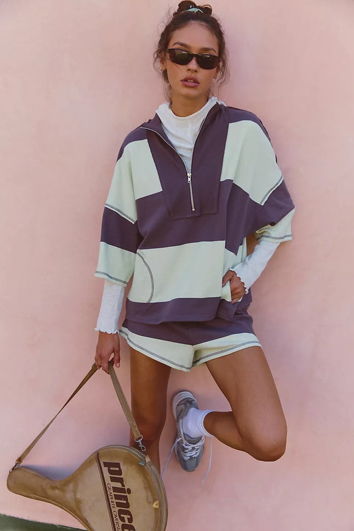 Dame sporty kortærmet hoodie og shorts sæt med høj kvalitet lynlås og afslappet pasform