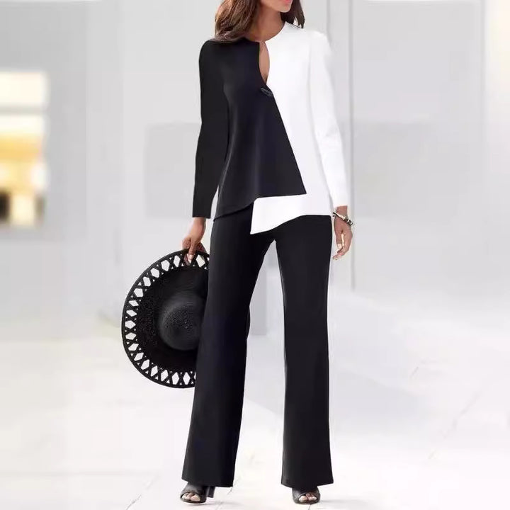 Dame Elegante og moderne to-delt sæt med asymmetrisk bluse og bredt skåret bukser Stilla