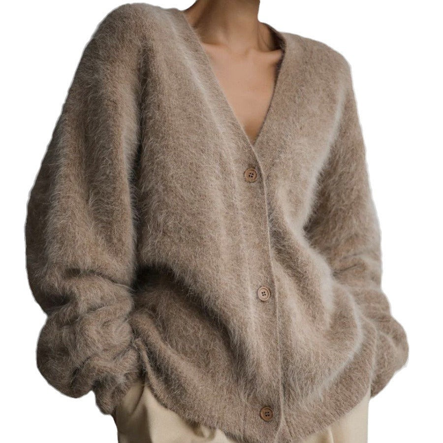 Kvinder Fluffy Cardigan med V-hals og knapdetalje Stilla