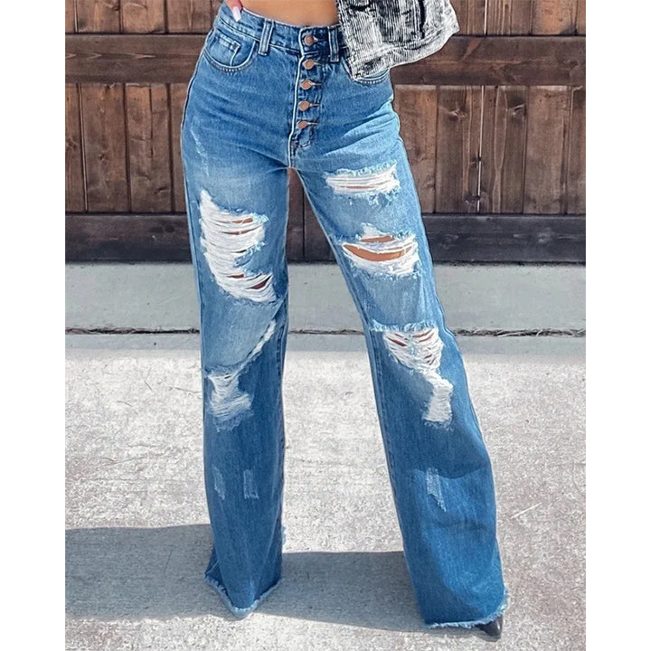 Damer Højt skårne Destroyed Jeans i bred pasform med knaplukning Stilla