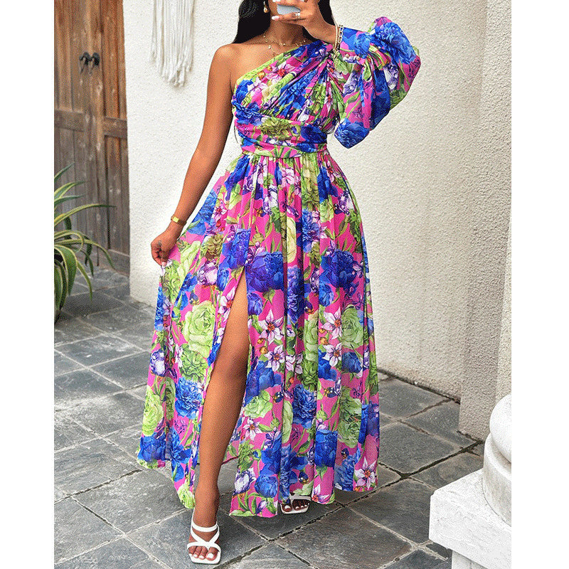 Dame Maxi-kjole med asymmetrisk snit og floral design Stilla