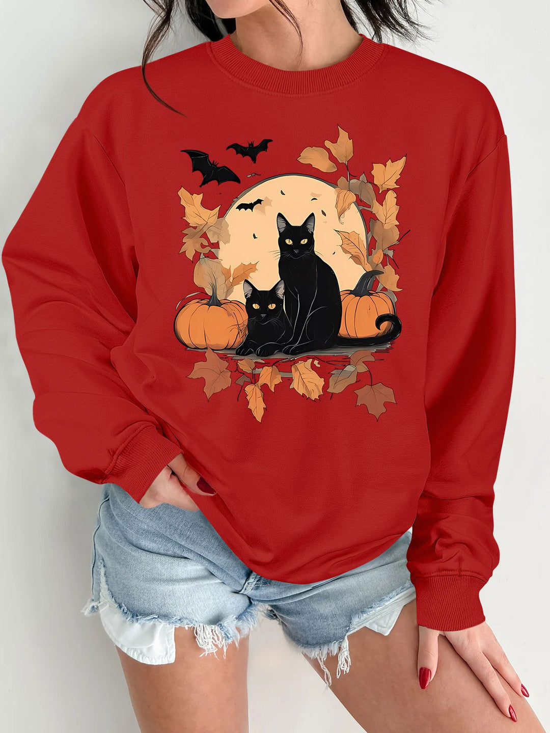 Dame sweatshirt med efterårs kat og græskar design Stilla