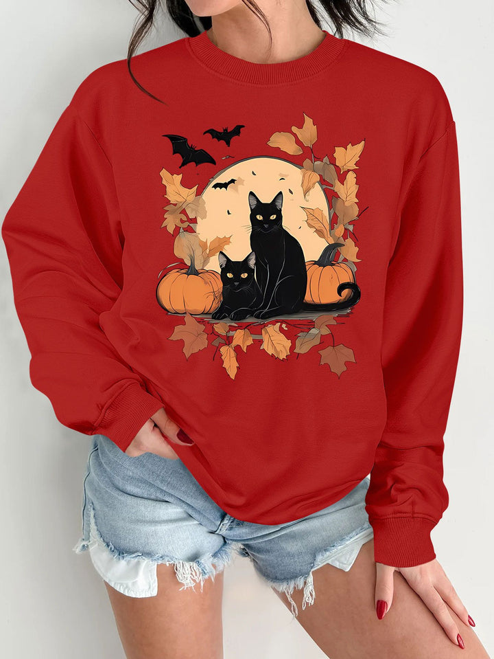 Dame sweatshirt med efterårs kat og græskar design Stilla