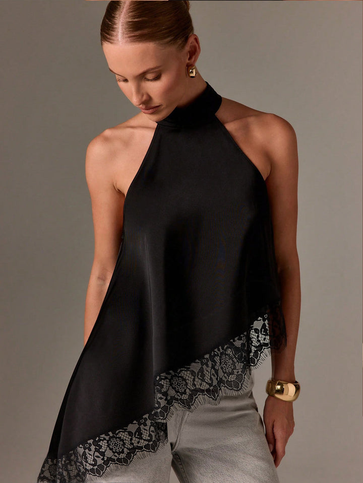 Dames elegant halterneck top med sofistikeret blonder trim Stilla