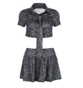 Dame Crop-shirt og Skirt Sæt med Kent-krave og Bindebånd Skovae