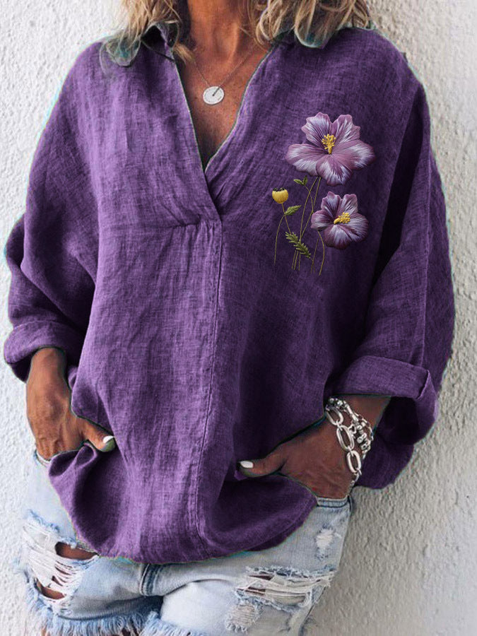 Dame afslappet og stilfuld bluse med blomsterapplikationer Stilla
