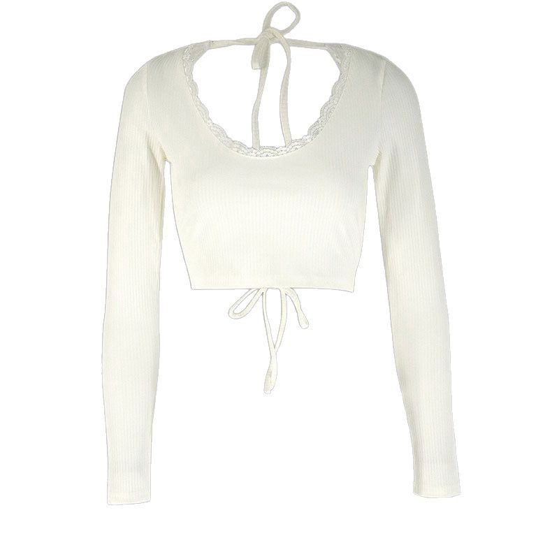 Dame Crop Top med flæsedetaljer og rygbindning Skovae