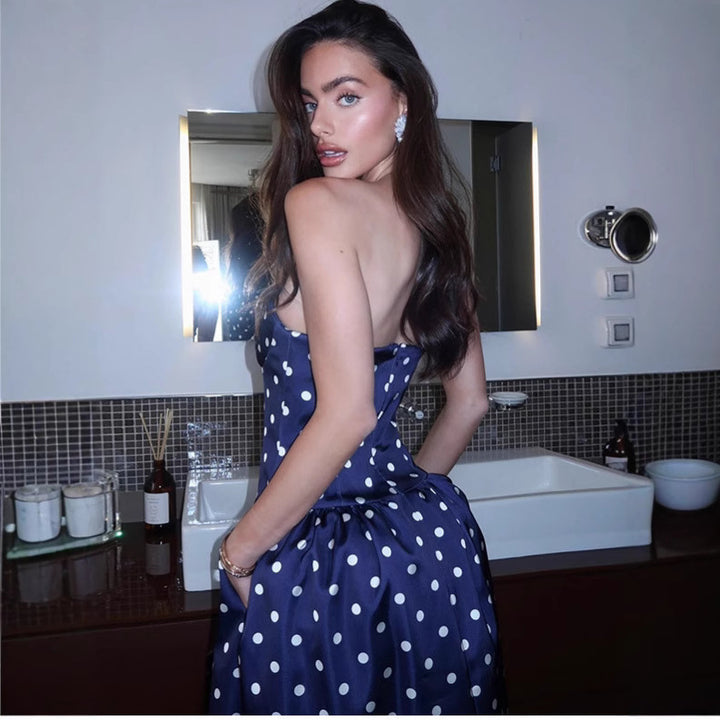 Dame elegant Midikjole med Polka-Dot mønster og taljebælte Stilla