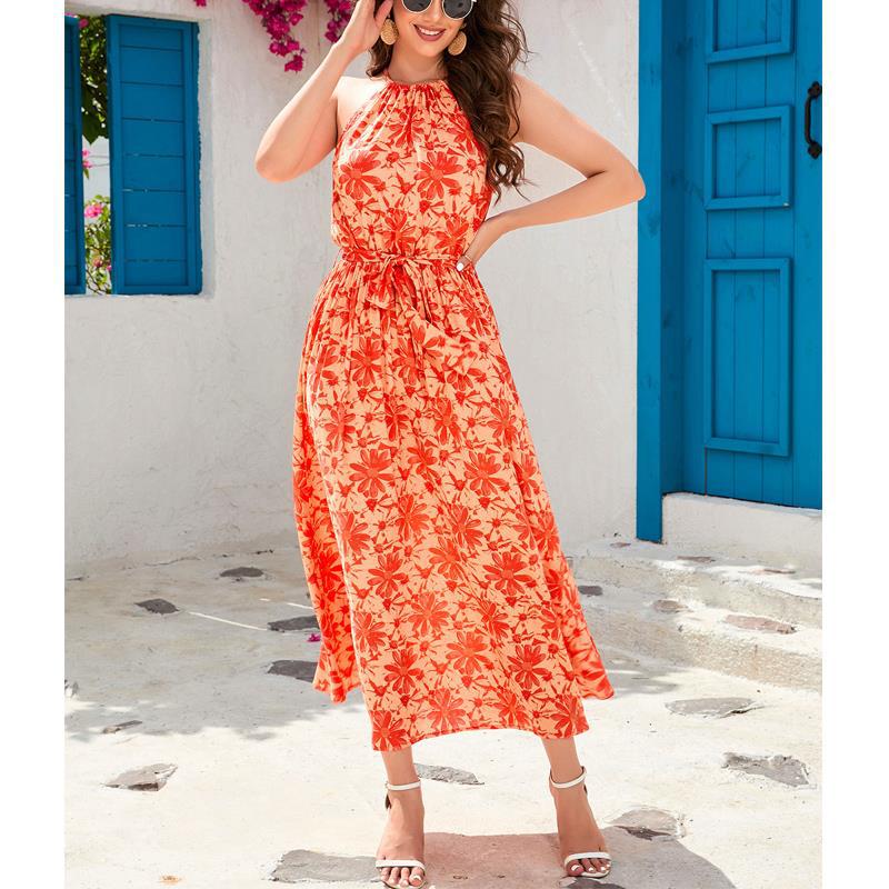 Dame Halter Neck Floral Maxi Kjole med justerbar talje-snøring Stilla