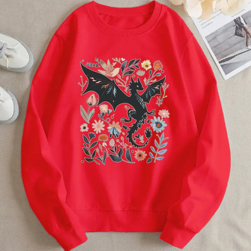 Kvinders sweatshirts med detaljeret drage- og blomstermotiv Stilla
