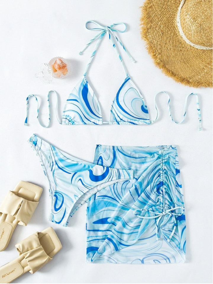 Dame Triangel-Bikini-Sæt med legesyg omslagsshort og unikt marmor-mønster Stilla