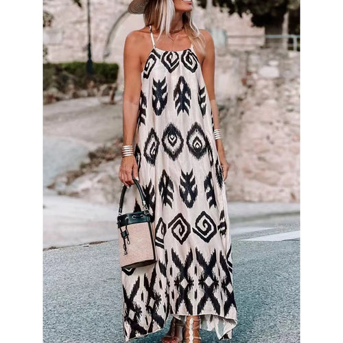 Femme Bohemian Maxi Kjole med justerbare spaghetti stropper Stilla