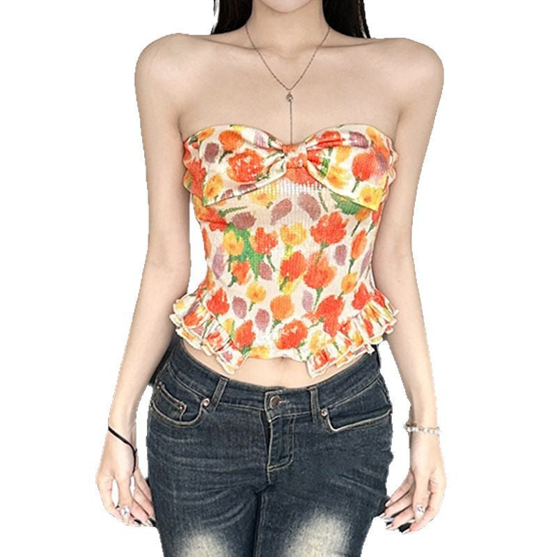Dame Bustier-top med floralt glimmerdesign og flæsekant Skovae