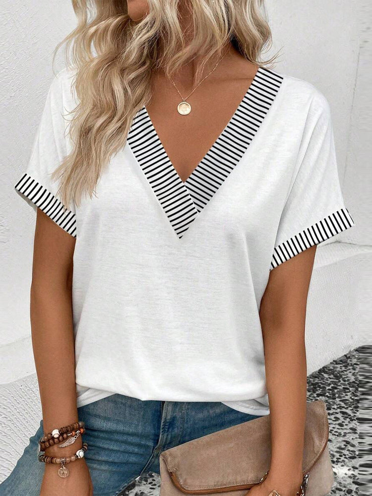 Dame V-hals T-shirt med stribede detaljer Stilla