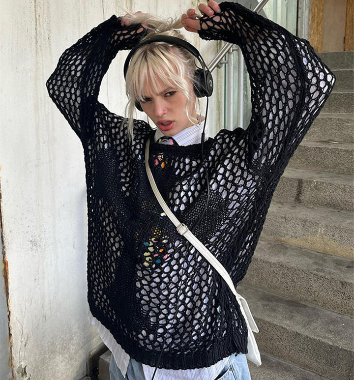 Kvinders luftige strikket sweater med åben mesh design Stilla