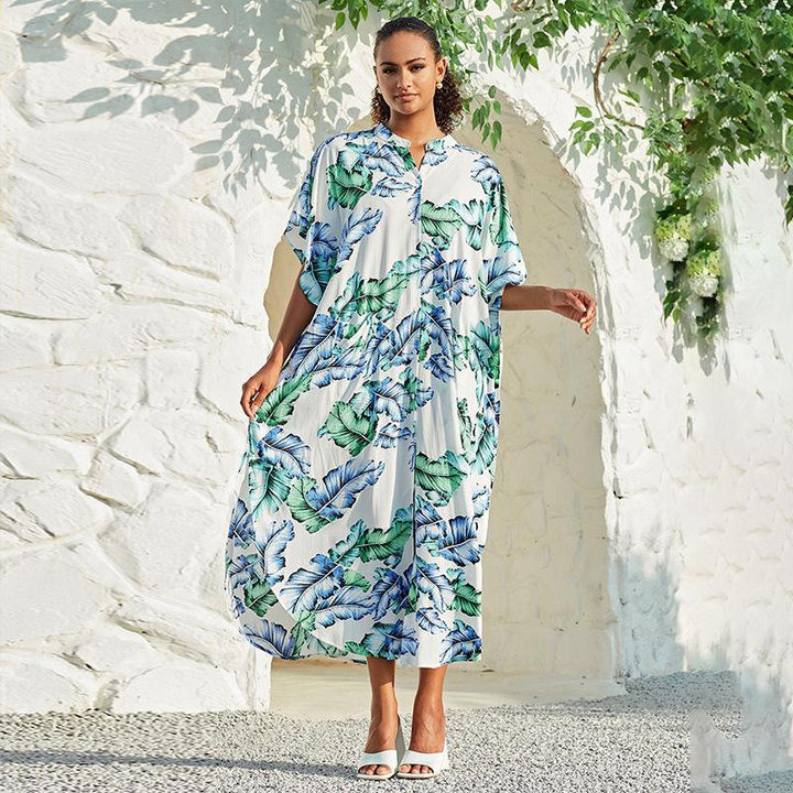 Dame Kaftan-kjole med moderne batikdesign og vidt skårne ærmer Stilla