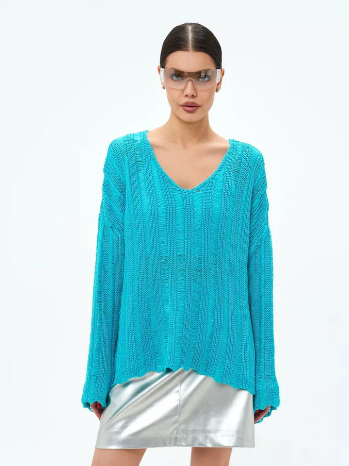 Dame store størrelse sweater i let strikmateriale med raffineret hulmønster Stilla