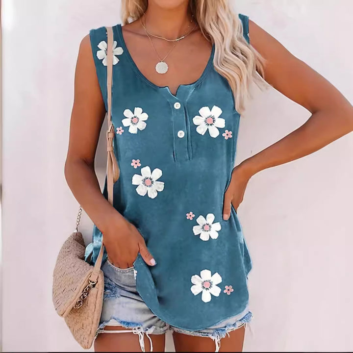 Dame Ærmeløs Blomster Top med Knaplås og Blødt Stof Stilla