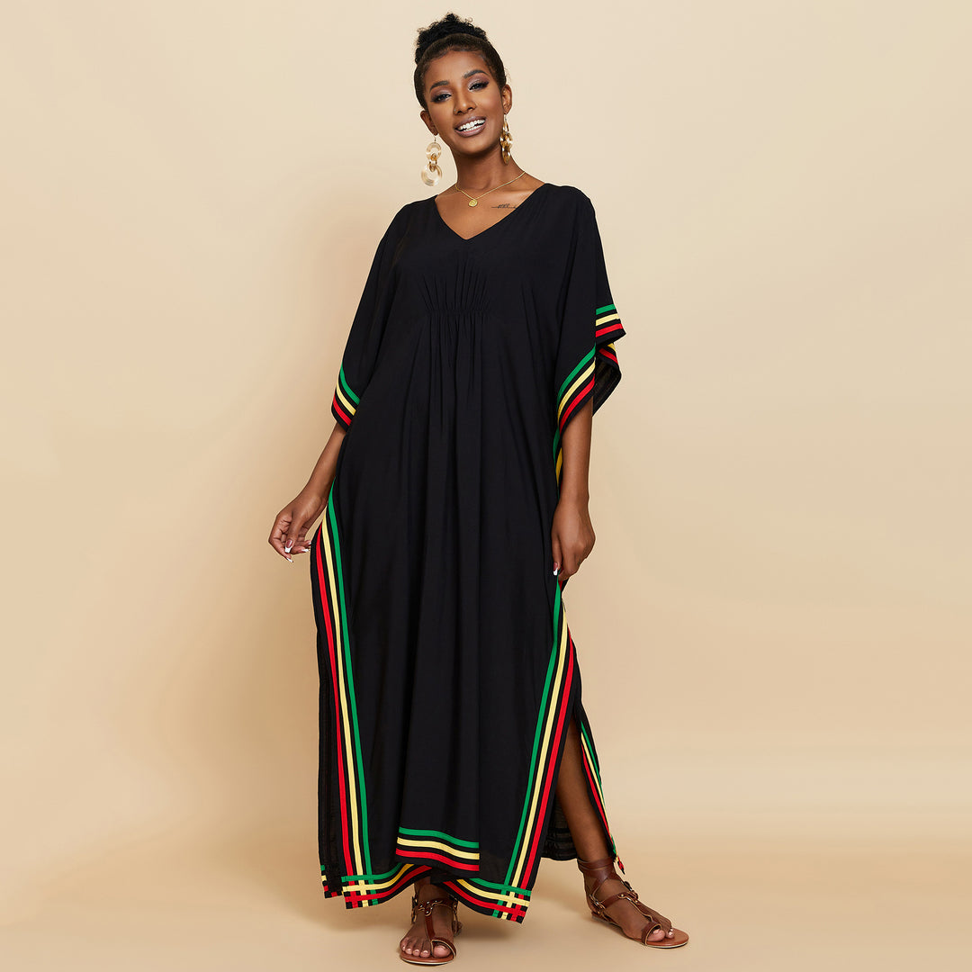 Dame Maxikjole med V-udskæring og farverige accenter Stilla
