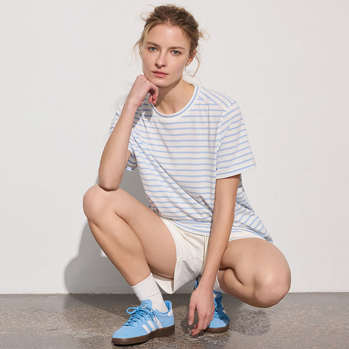 Damer casual stribet oversized T-shirt i blødt bomuld med rund halsudskæring Stilla