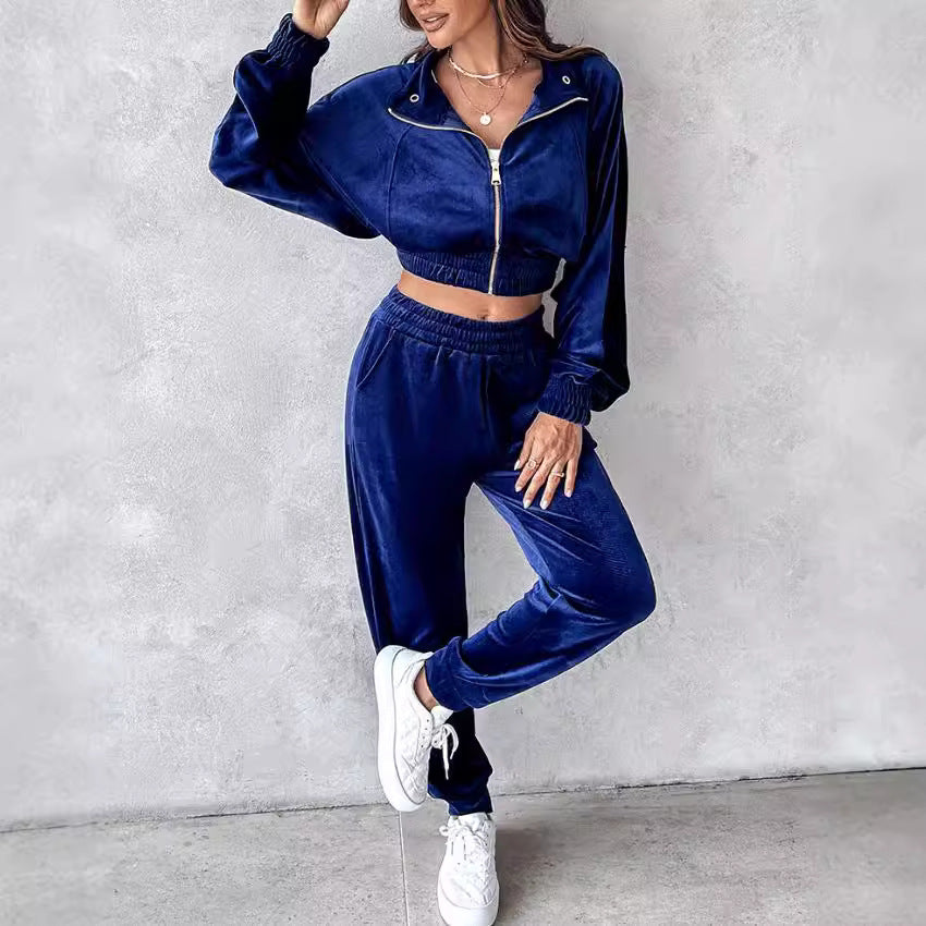 Dame Sporty Velours-Sæt med Cropped-Jakke og Joggingbukser Stilla