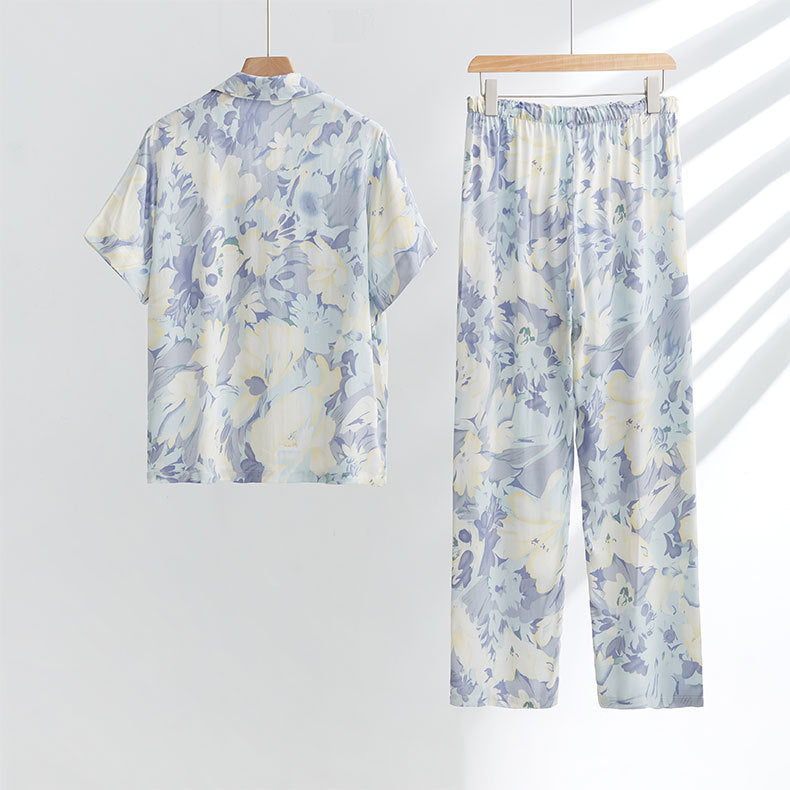 Dame Satin Pyjamas Sæt med blomster Mønstre og behagelig Pasform Stilla