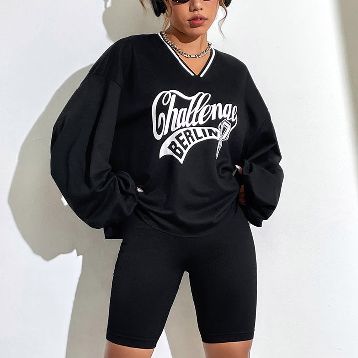 Kvinders afslappede oversized sweatshirt med V-hals og grafisk tryk Stilla
