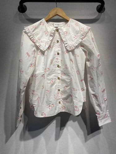 Dame ruffles bluse med dyremotiv og stilfuld krave Stilla