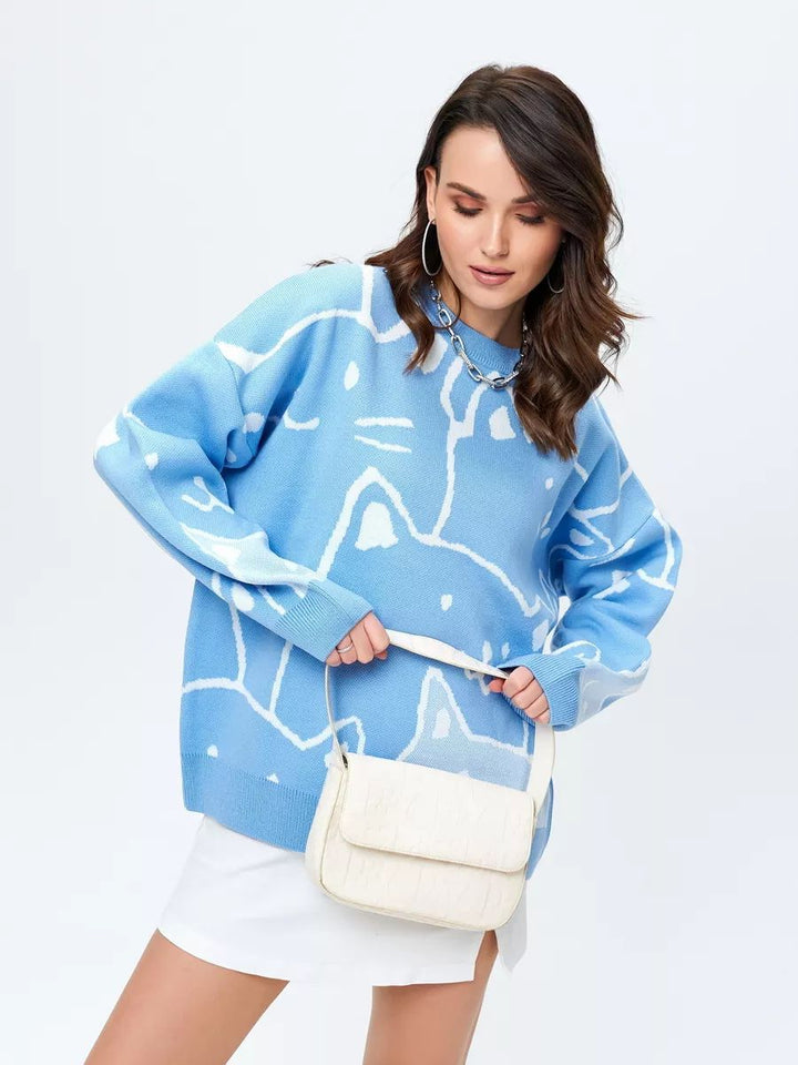 Dame afslappet striktrøje med moderne katte-design og oversized pasform Stilla