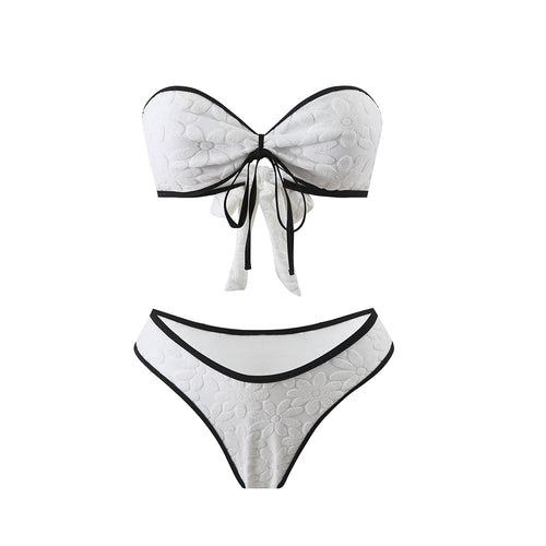Dame Bandeau-bikini med blomsterprint og dekorativ knude Stilla