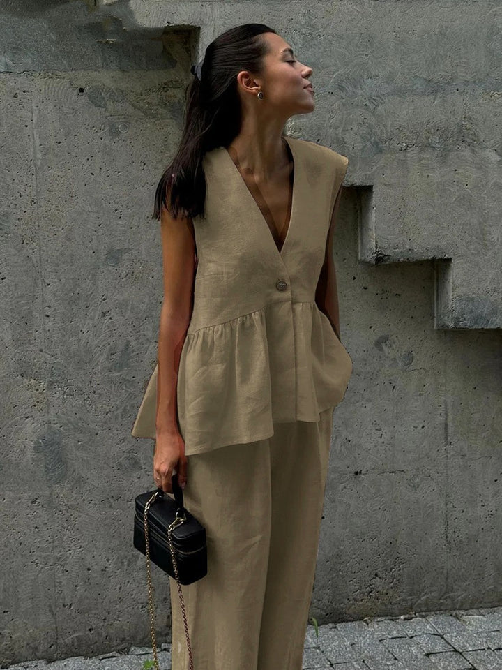 Dame Let Linned Bluse med V-Hals Stilla