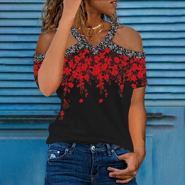 Dame Off-Shoulder Bluse med floral design og glitrende krave Stilla