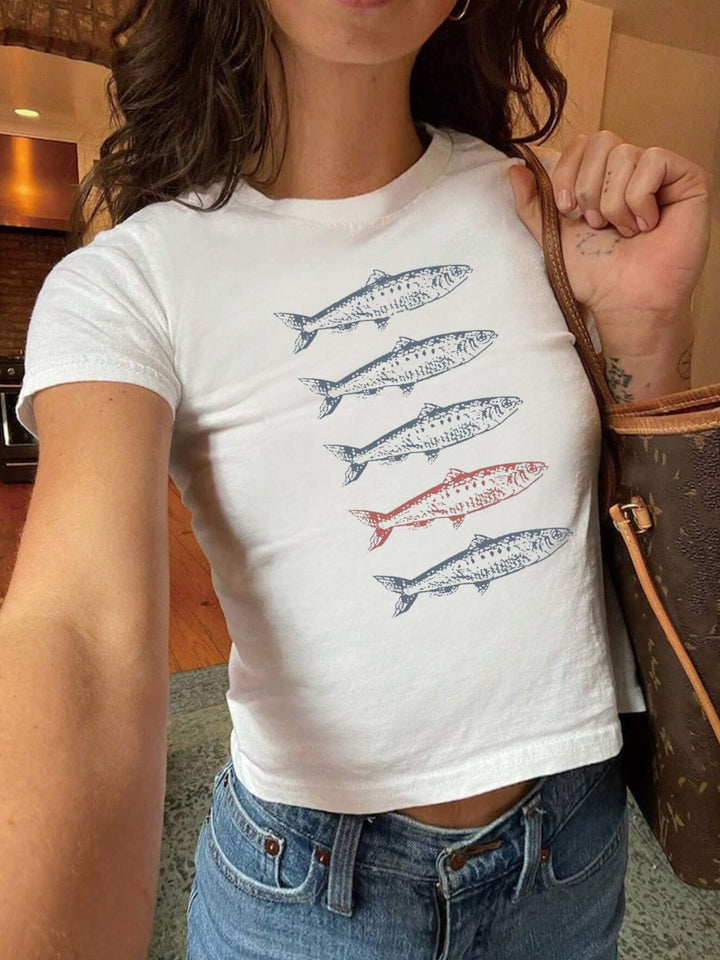 Dame Crop-T-Shirt med kunstnerisk statementtryk Skovae