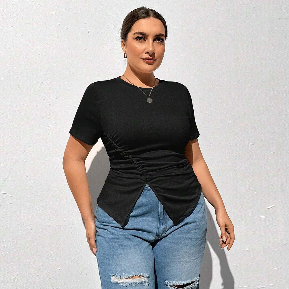 Dame tætsiddende T-shirt med asymmetrisk rynkning Stilla