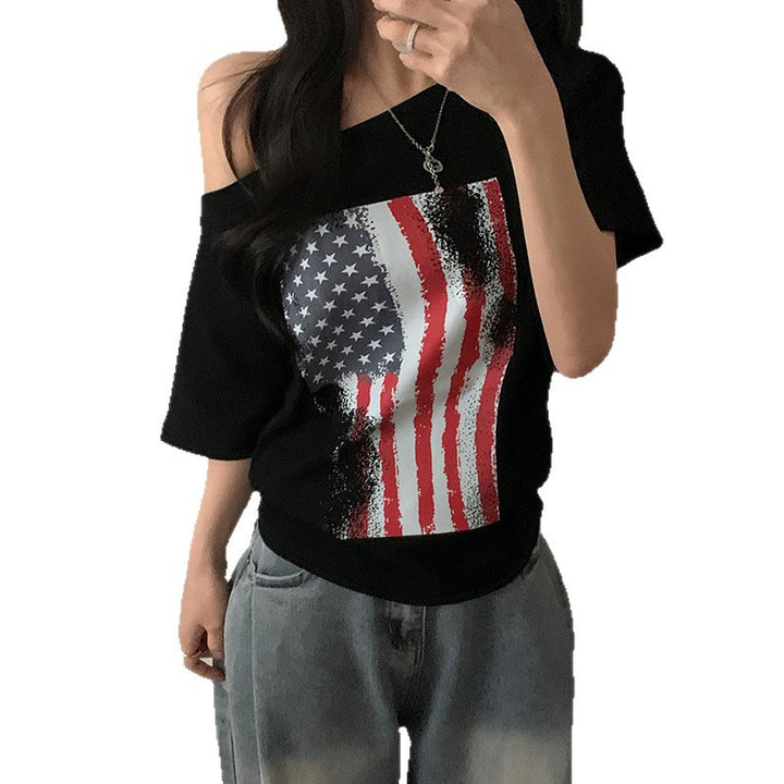 Dame afslappet T-shirt med amerikansk flag-design og blødt bomuldsmateriale Skovae