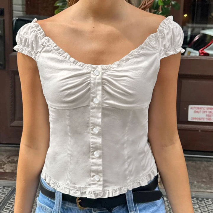 Damen Crop-Oberteil mit Rüschen und Knopfdetails Skovae