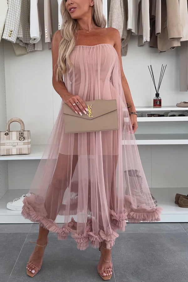 Dame Off-Shoulder Tullekjole med Flæse og Transparent Overflade Stiila