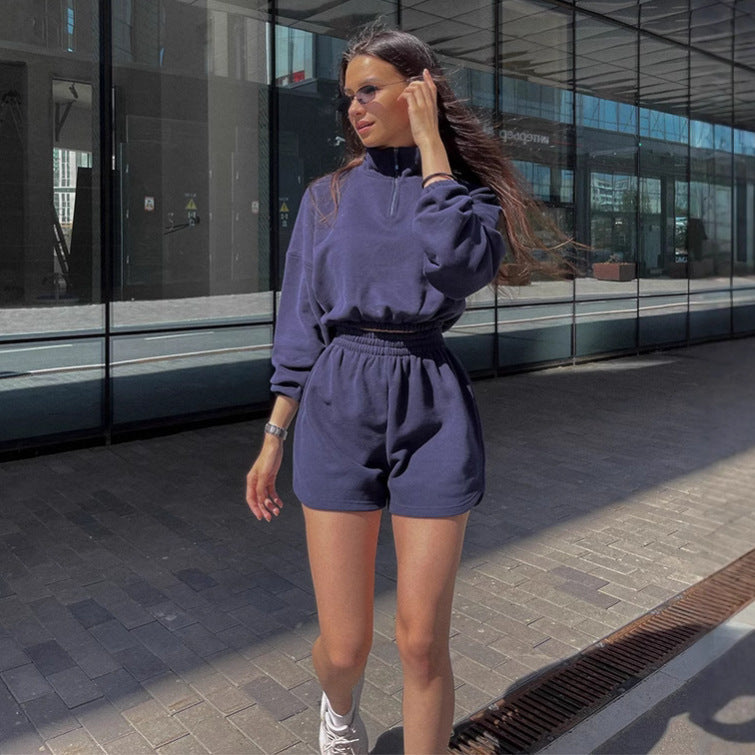 Kvinders sporty cropped top og shorts sæt med lynlås og elastisk talje