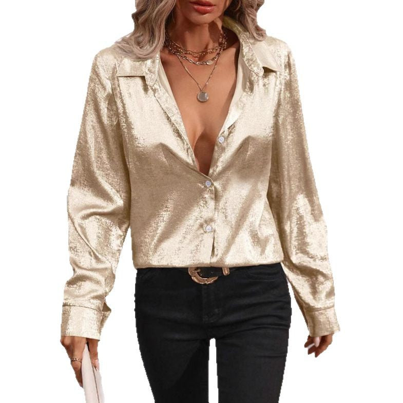 Dame Luxus Metallic Knap-ned Skjorte Stilla