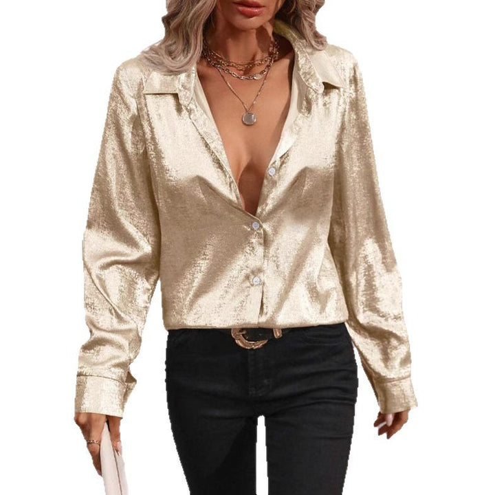 Dame Luxus Metallic Knap-ned Skjorte Stilla