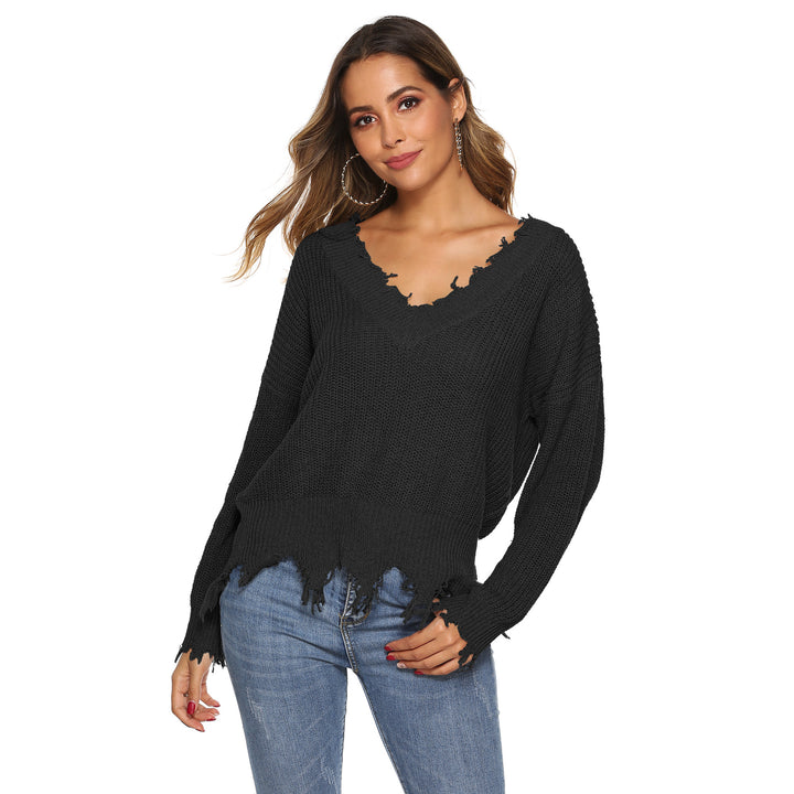 Dame grovstrikket pullover med V-hals og afslappet frynse-design Stilla
