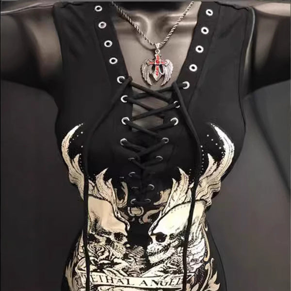 Dame Rockabilly kjole med snøringslook og grafisk print Skovae