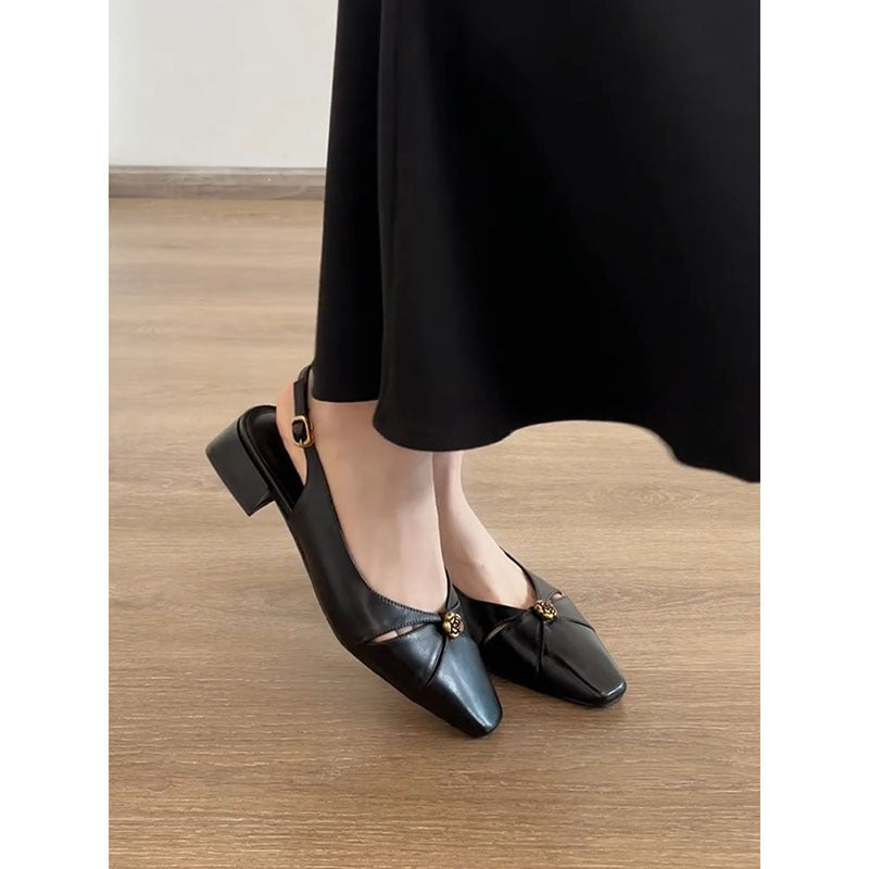 Dame Elegant Kvadrat Tå Slingback Ballerinas med dekorativt Guldaccent Stilla