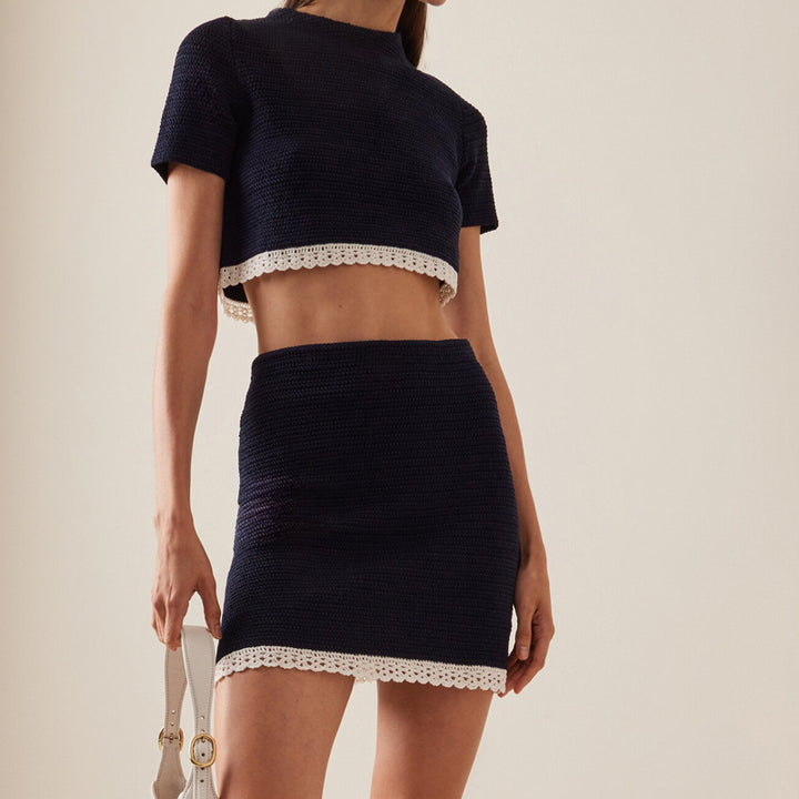 Dame moderigtigt Cropped Top og Nederdel Sæt med dekorative Spids Detaljer Stilla