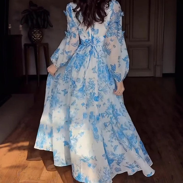Dame Elegant maxikjole med blomster mønstre og gennemsigtige ærmer Stilla
