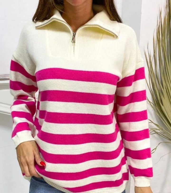 Dame mønstrede sweater med høj krave og lynlås Stilla