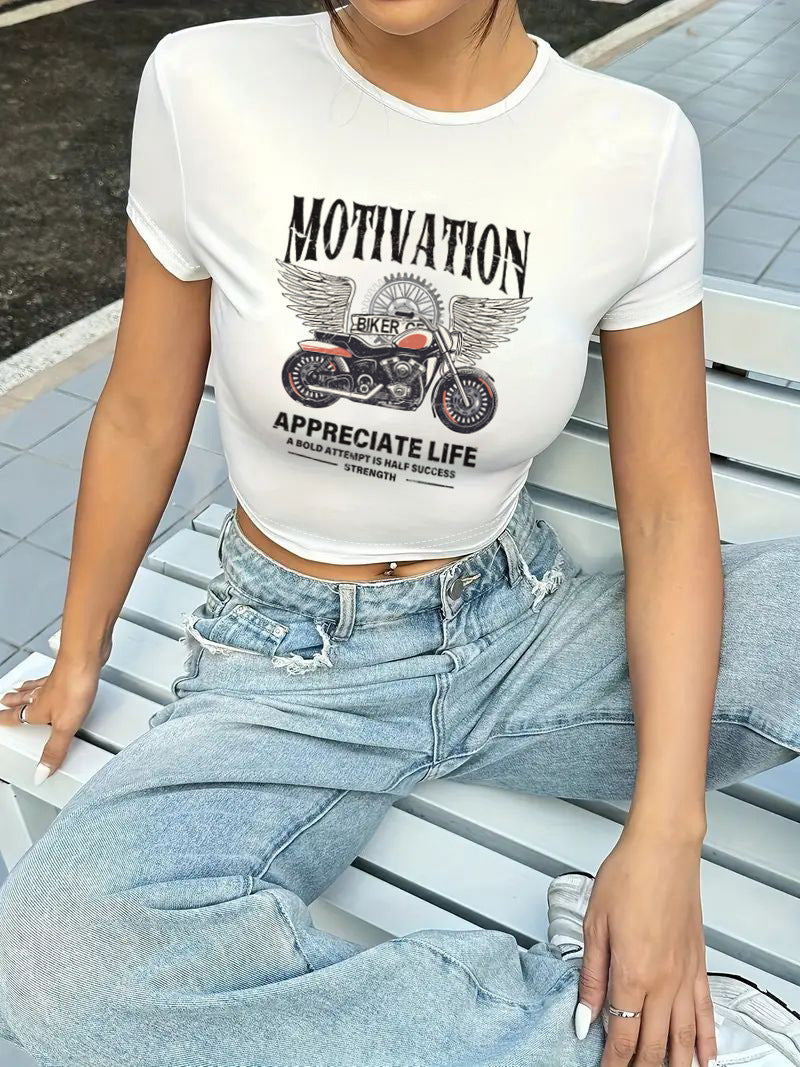 Dame cropped T-shirt med eksklusivt hestemotiv og figurtilpasset snit Skovae